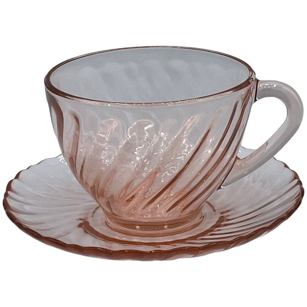 Arcoroc France Luminarc Rosaline Pink Swirl Cup & Saucer Cup 3 1/2 Saucer 5 1/2"